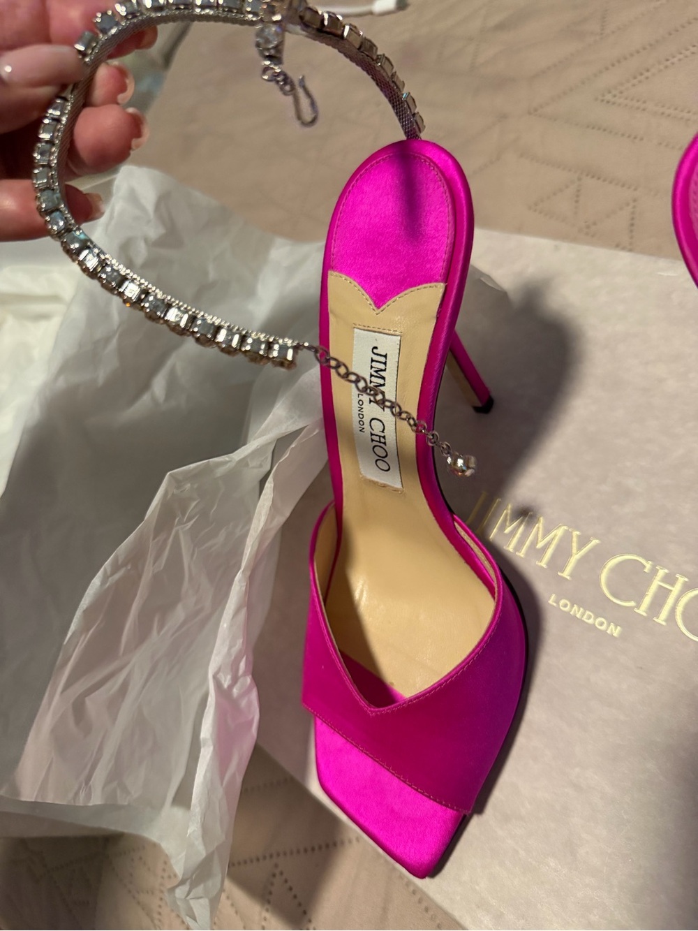 Jimmy Choo Hot Pink Satin Crystal-Strap Stiletto Sandals AUTHENTIC - Picture 5 of 5